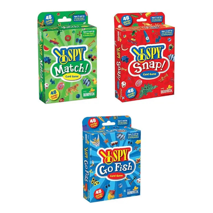 Adventure Awaits I Spy card game collection featuring Match, Snap and Go Fish games for kids