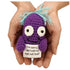 hands holding a quirky handmade crochet purple plush toy with a funny sarcastic quote sign