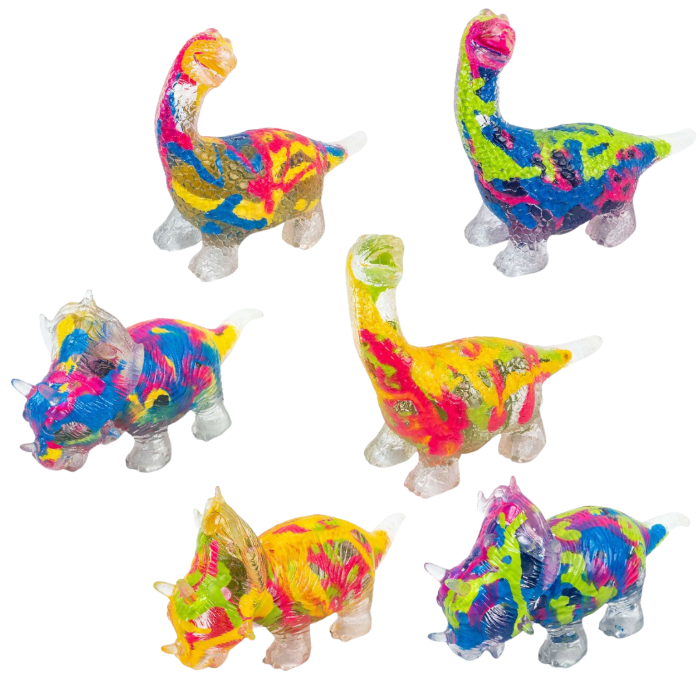 Colourful squishy dinosaur toys with bright paint splashes in mixed designs — Adventure Awaits
