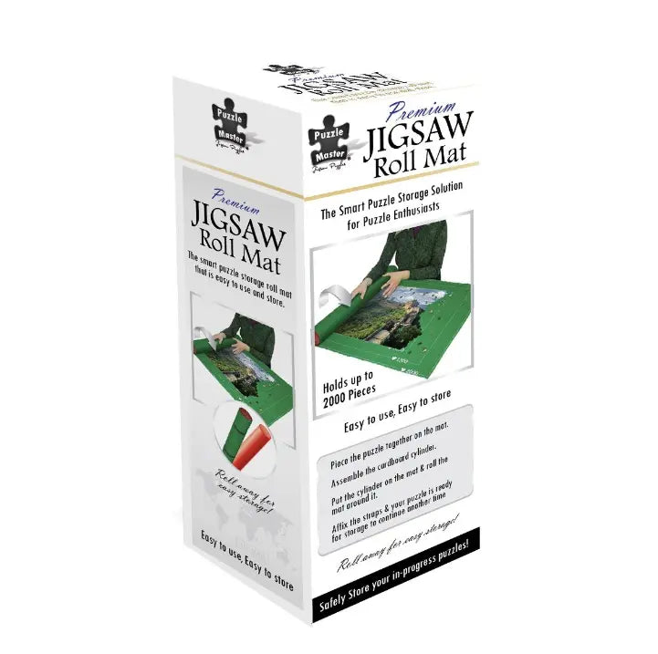 Puzzle Master premium jigsaw roll mat retail packaging showing puzzle storage system for rolling and safely storing unfinished puzzles up to 2000 pieces Adventure Awaits