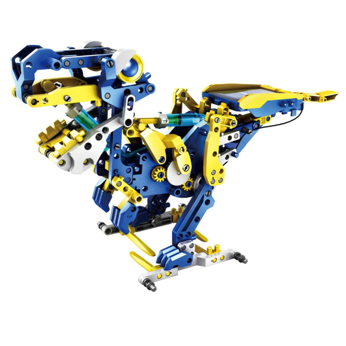 Blue and yellow solar hydraulic dinosaur model from 12 in 1 STEM construction kit — Adventure Awaits