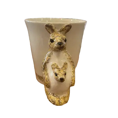 Cream ceramic kangaroo mug with raised kangaroo and joey design — Adventure Awaits