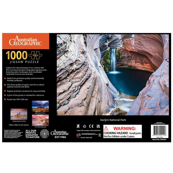 Back of Australian Geographic Karijini National Park 1000-piece jigsaw puzzle box with product details — Adventure Awaits