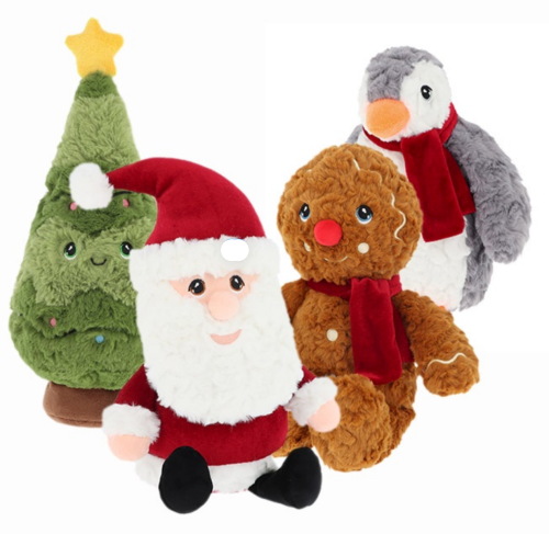 Set of Christmas-themed plush toys including a tree, Santa Claus, gingerbread man, and penguin on a white background.