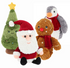 Set of Christmas-themed plush toys including a tree, Santa Claus, gingerbread man, and penguin on a white background.