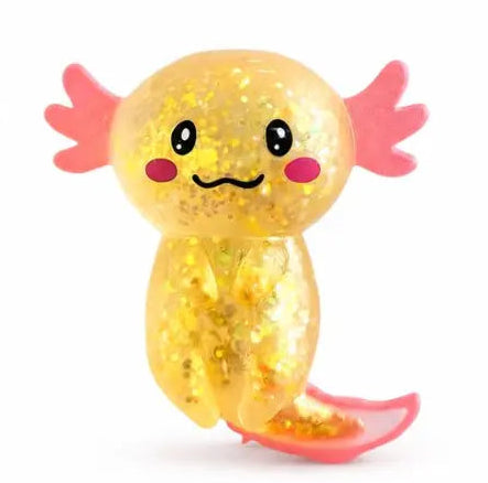 Yellow glitter axolotl sensory toy with smiling face, pink gills and curved tail — Adventure Awaits
