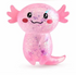 Pink glitter axolotl sensory toy with smiling face, pink gills and curved tail — Adventure Awaits