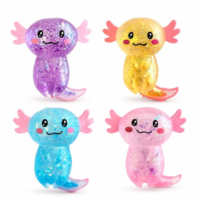 Four glitter axolotl sensory toys in purple, yellow, blue and pink with smiling faces — Adventure Awaits