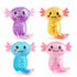 Four glitter axolotl sensory toys in purple, yellow, blue and pink with smiling faces — Adventure Awaits
