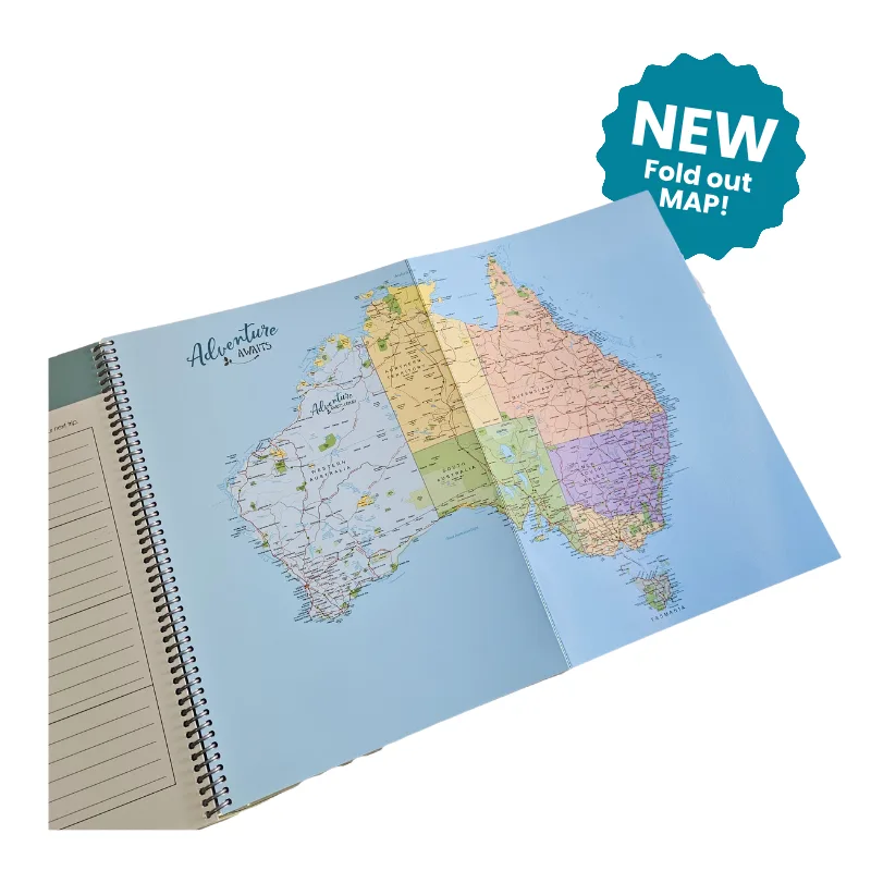 Double-sided fold-out travel map inside the kids travel journal