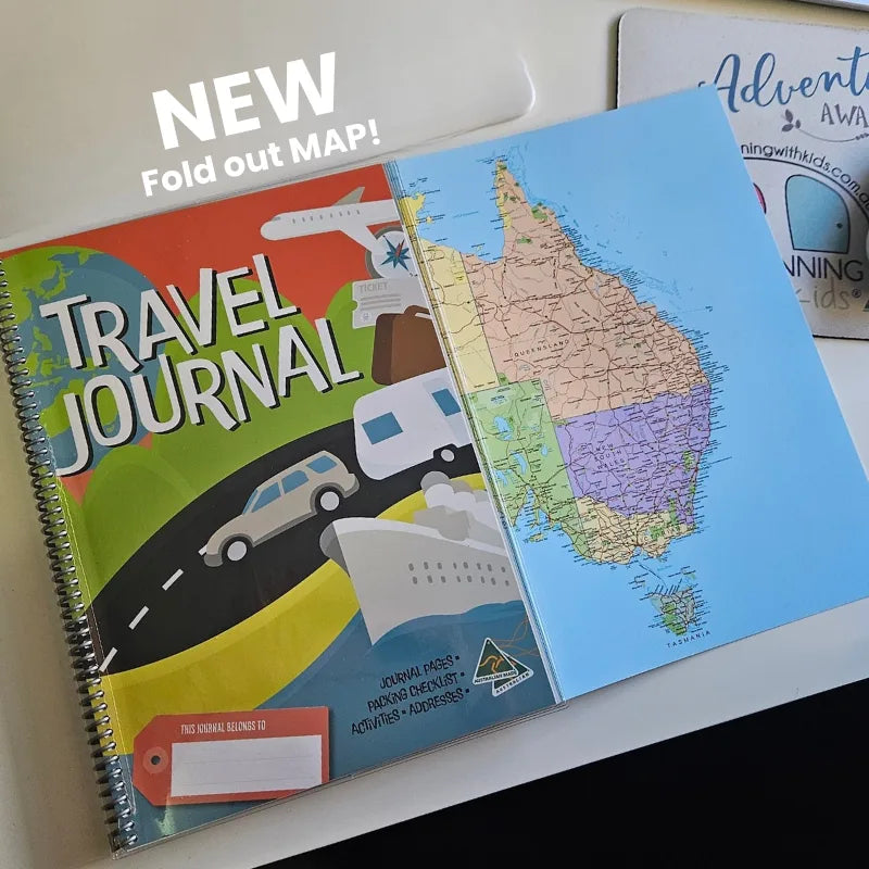 Kids travel journal with fold-out Map of Australia opened out