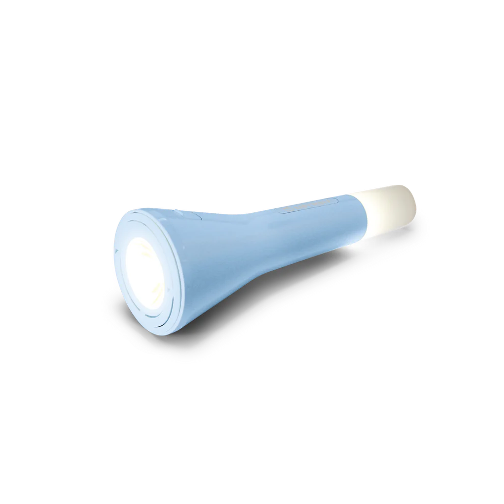 Adventure Awaits blue portable LED flashlight style night light with glowing ends on transparent background