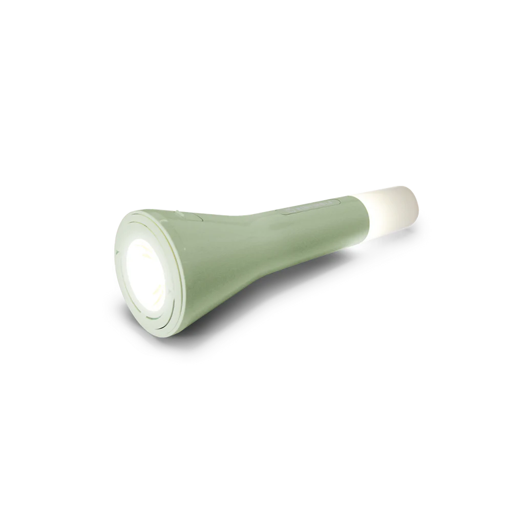 Adventure Awaits green portable LED flashlight style night light with glowing ends on transparent background
