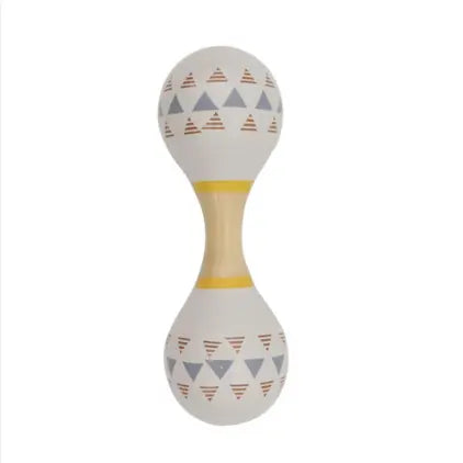 Wooden baby rattle with grey triangle pattern and yellow accents — Adventure Awaits