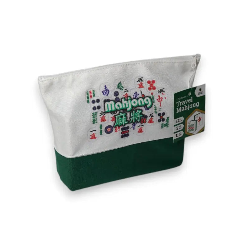 Travel Mahjong game in white and green zip pouch for road trips — Adventure Awaits
