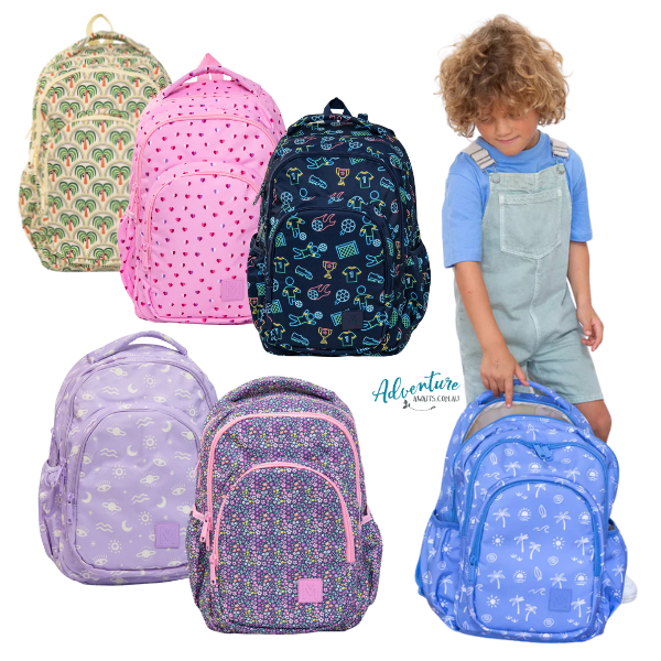 Five colorful backpacks with different patterns and a child holding a blue backpack.