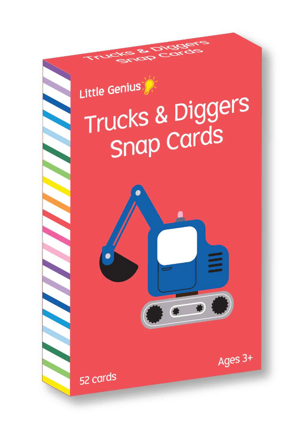 Red Little Genius Trucks & Diggers Snap Cards kids travel toy box with 52 cards Adventure Awaits 