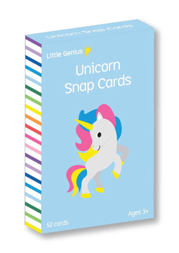 Blue Little Genius Unicorn Snap Cards kids travel toy with colourful unicorn, 52 cards for ages 3+ — Adventure Awaits