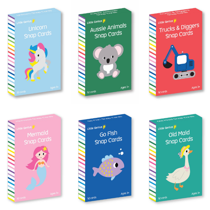 Adventure Awaits Little Genius snap card game sets including unicorn, Aussie animals, trucks, mermaid, go fish and old maid themes