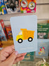 Adventure Awaits Little Genius Trucks and Diggers snap card featuring a yellow dump truck illustration
