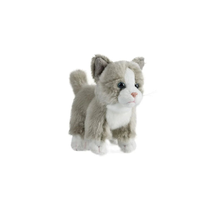 Grey and white plush kitten toy with soft fur, pink nose and upright fluffy tail — Adventure Awaits