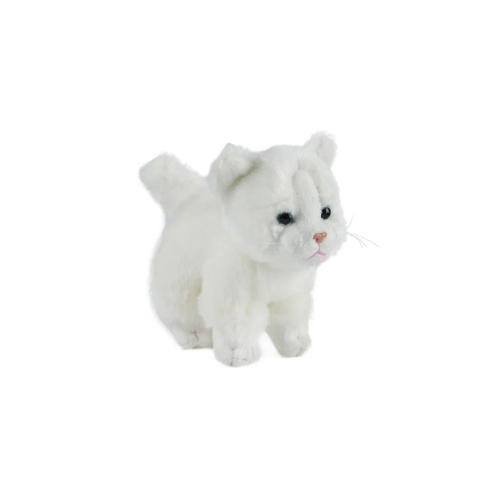 White plush kitten toy with soft fur, pink nose and upright tail — Adventure Awaits