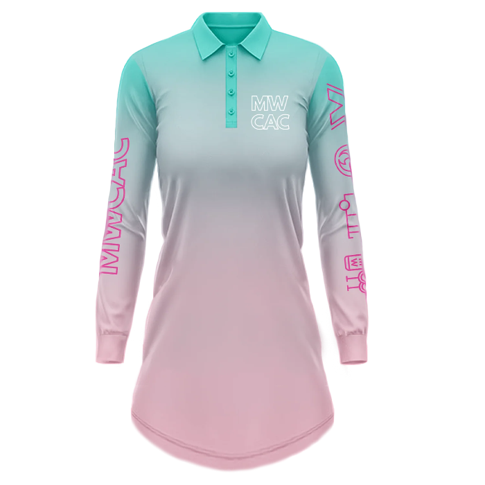 Aqua to pink long-sleeve UPF50+ fishing dress with collar and MW CAC print — Adventure Awaits