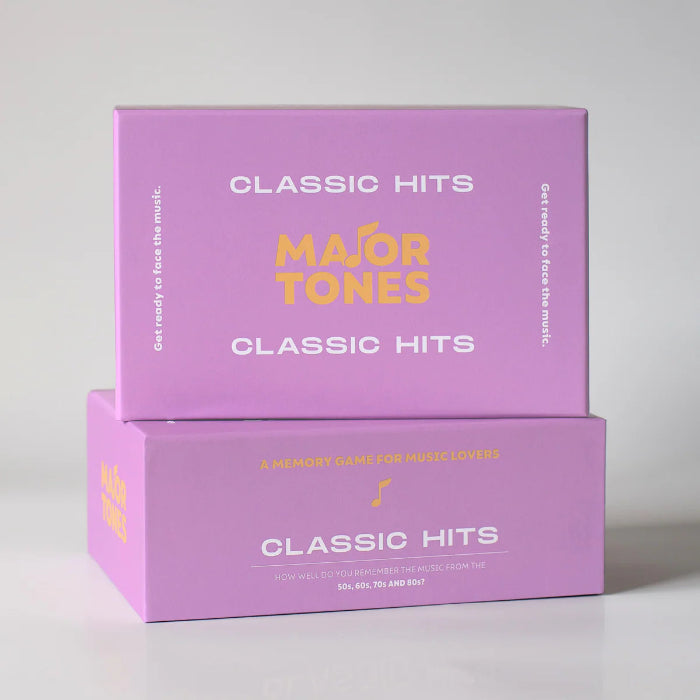 Major Tones Classic Hits music memory game boxes stacked in purple packaging — Adventure Awaits