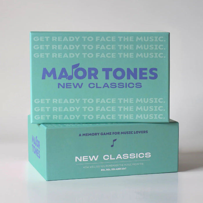 Major Tones New Classics music memory game boxes stacked in teal packaging — Adventure Awaits