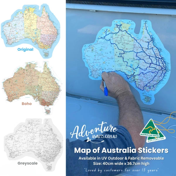 Australia map stickers shown in three color options on the left, and a person applying a blue UV outdoor map sticker to a car window on the right. Text reads 'Map of Australia Stickers' with 'Adventure Awaits branding.