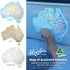 Australia map stickers shown in three color options on the left, and a person applying a blue UV outdoor map sticker to a car window on the right. Text reads 'Map of Australia Stickers' with 'Adventure Awaits branding.
