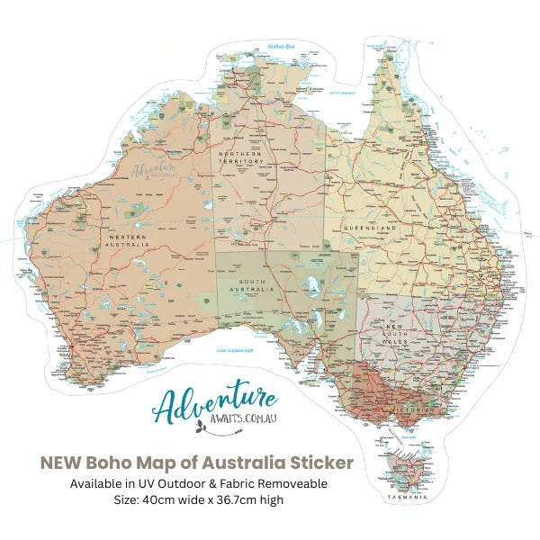 Boho-style map sticker of Australia  for caravan with labeled regions, roads, and water features, shown on a white background with text reading - Adventure Awaits 