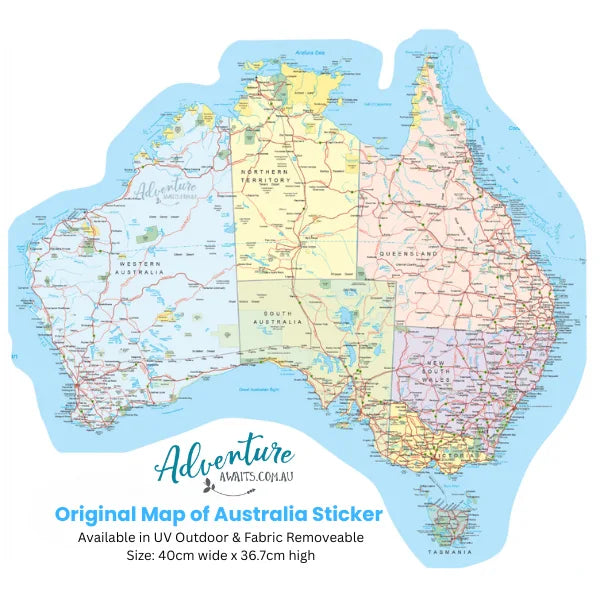 Original Map of Australia caravan sticker in full colour, showing state borders and roads across Australia — Adventure Awaits