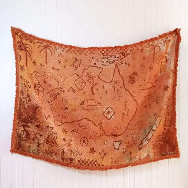 Rust orange Australia map picnic rug with fringed edge and travel icons Adventure Awaits