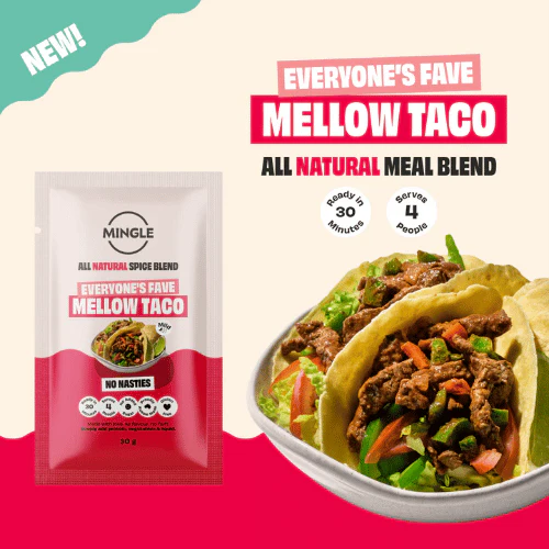 Mingle Mellow Taco all natural meal blend sachet beside loaded tacos — Adventure Awaits