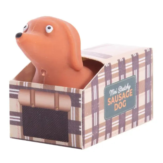 Mini stretchy sausage dog toy peeking out of plaid kennel box — Adventure Awaits
