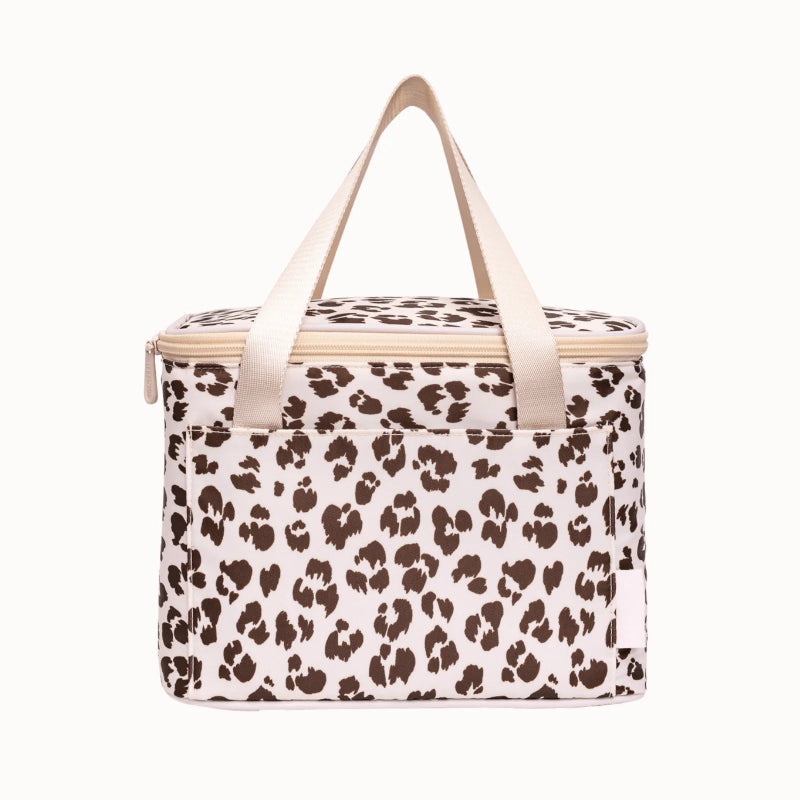 Cream leopard insulated lunch bag with carry handles, zip lid and front pocket — Adventure Awaits