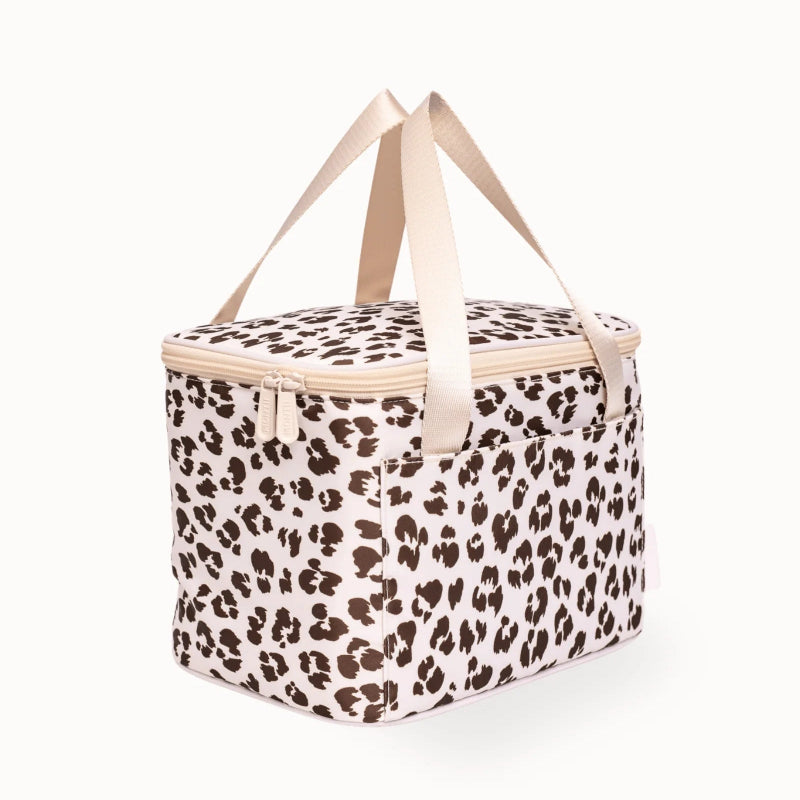Cream leopard insulated lunch bag with carry handles, zip lid and front pocket — Adventure Awaits