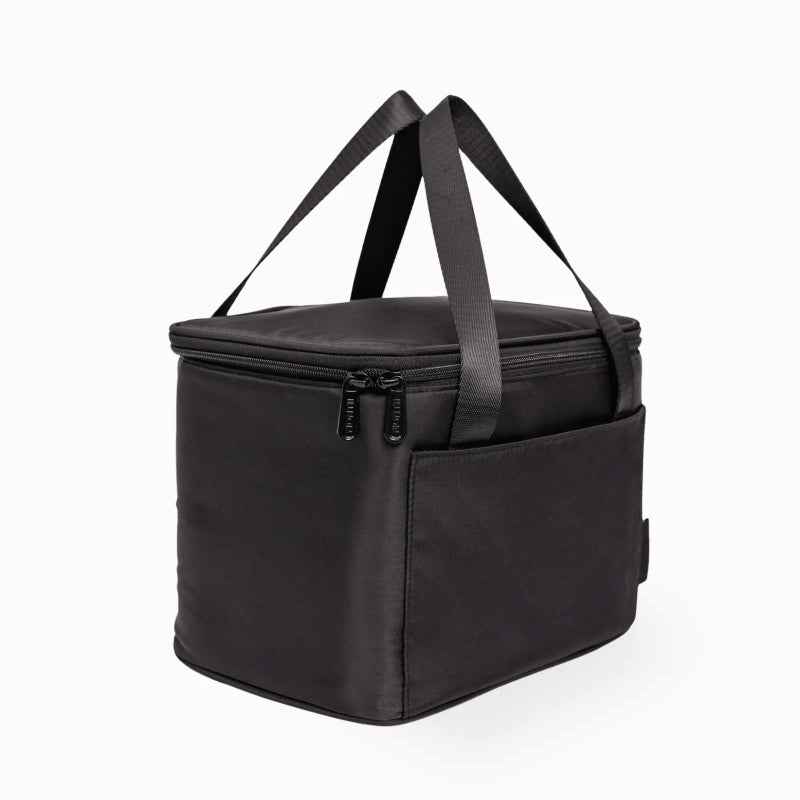 Midnight black insulated lunch bag with carry handles, zip lid and front pocket — Adventure Awaits