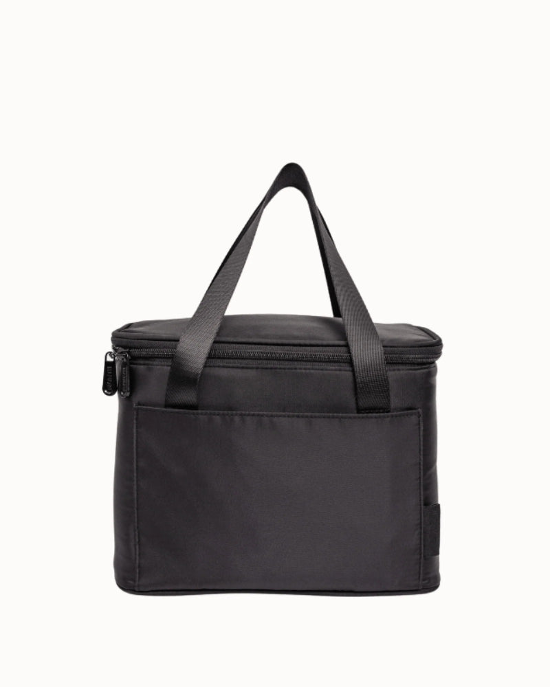 Midnight black insulated lunch bag with carry handles, zip lid and front pocket — Adventure Awaits