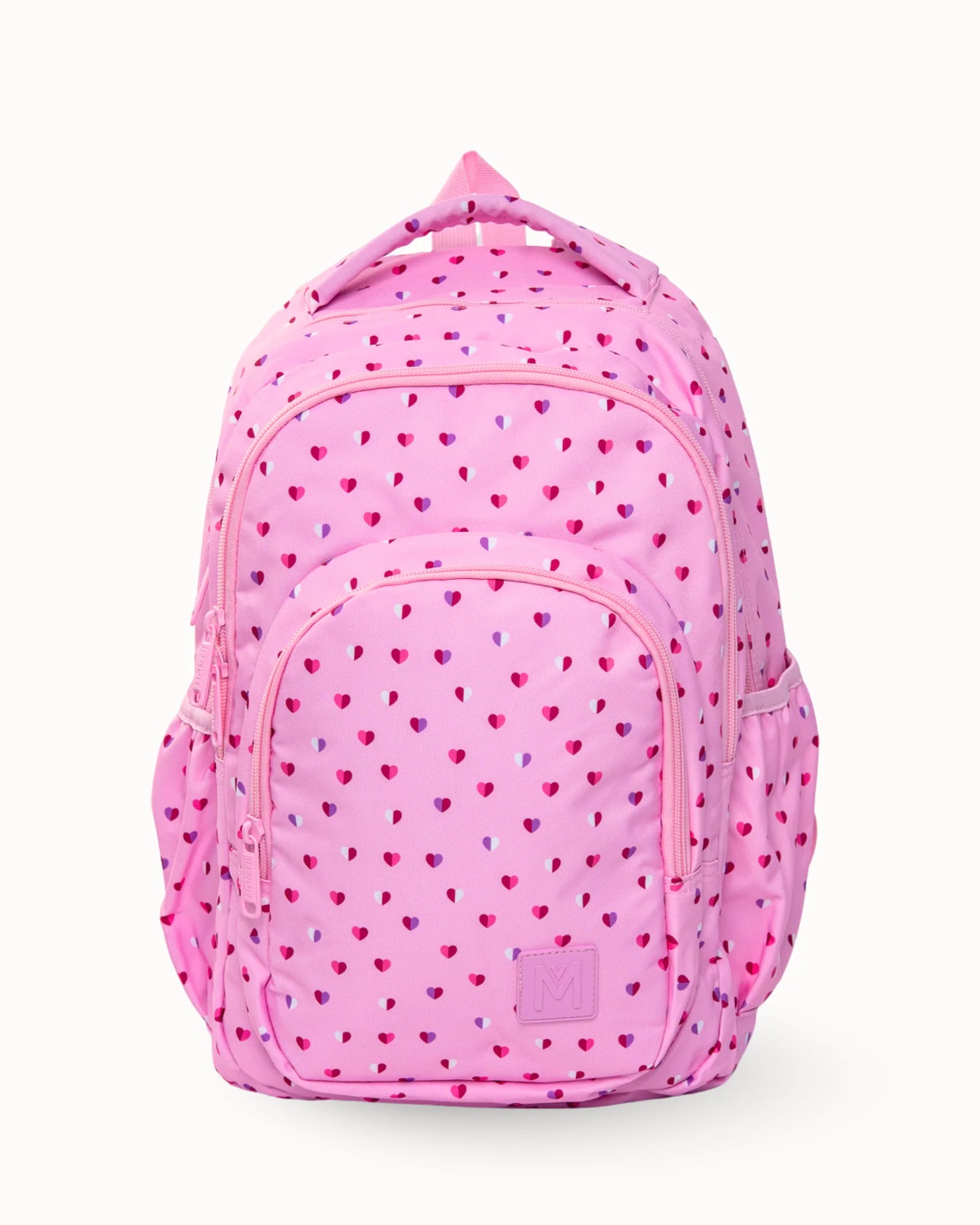 Pink backpack with heart pattern on a white background