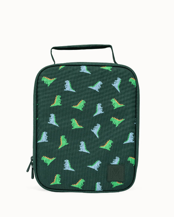 Dark green Montii insulated lunch bag with colourful dinosaur print — Adventure Awaits