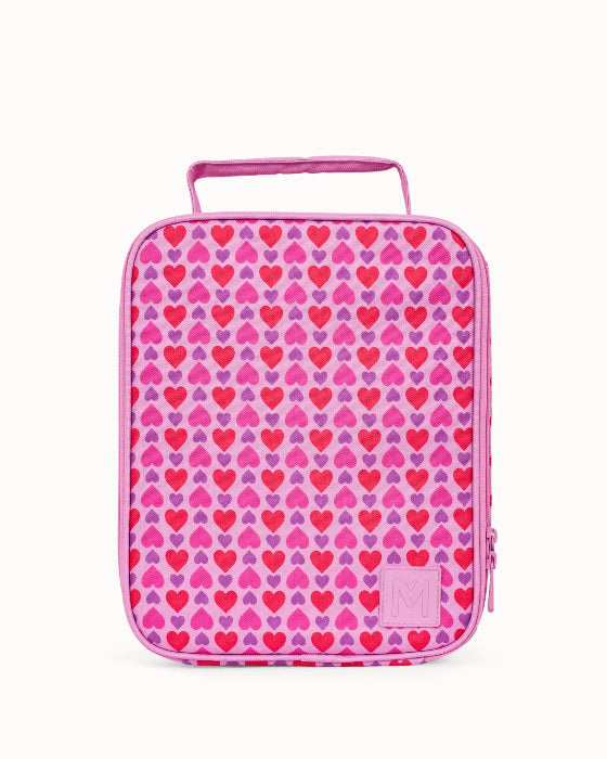 Pink Montii insulated lunch bag with red and purple heart print — Adventure Awaits