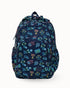 Navy blue backpack with sports-themed colorful pattern on a white background