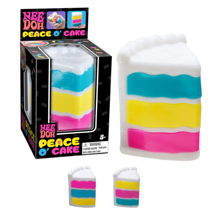 NeeDoh Piece O’ Cake squishy toy with colourful layered designs shown beside retail packaging — Adventure Awaits
