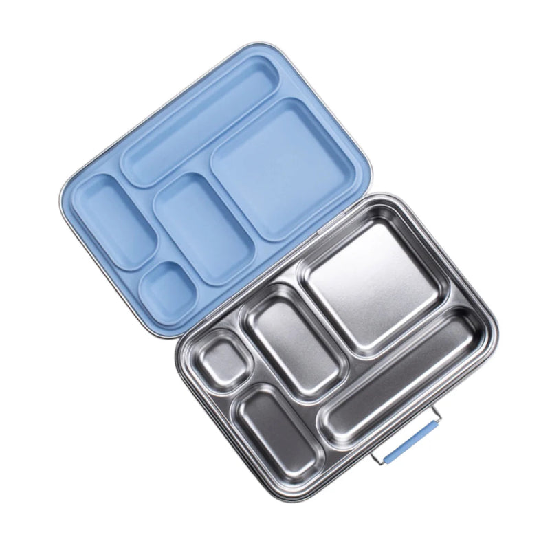 Empty opened nestling original bento box in dusty blue - Adventure Awaits
