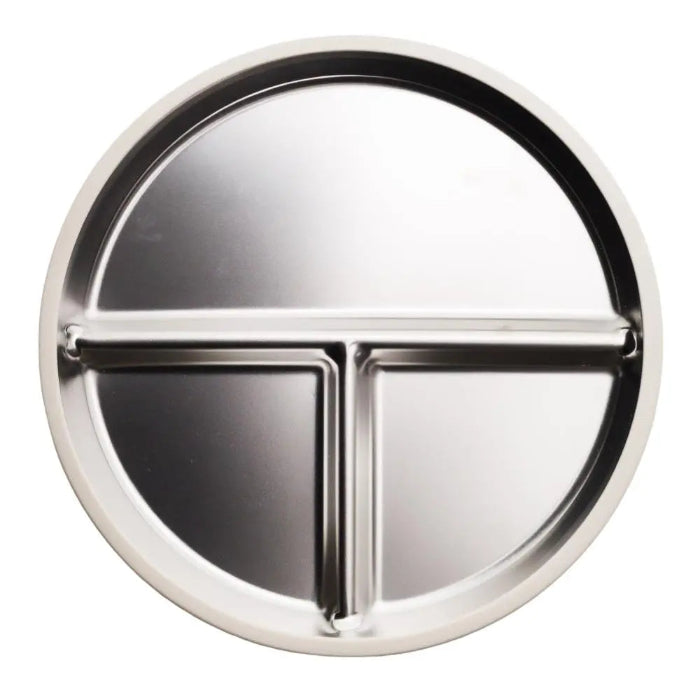 Round stainless steel divided plate with three meal compartments on a white background, Adventure Awaits