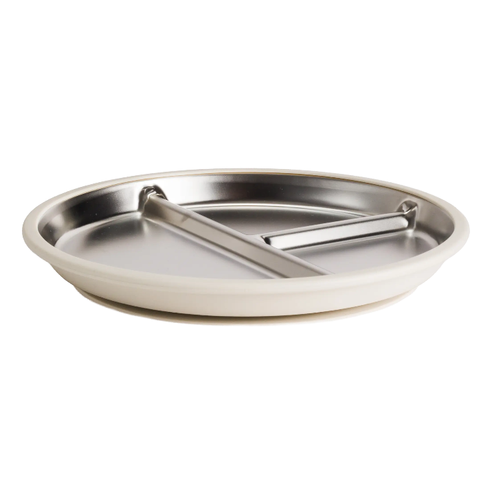 Low side view of a round stainless steel divided plate with white silicone suction base, Adventure Awaits