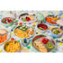 Colourful kids mealtime spread with stainless steel plates, bowls, cups and healthy snacks, Adventure Awaits