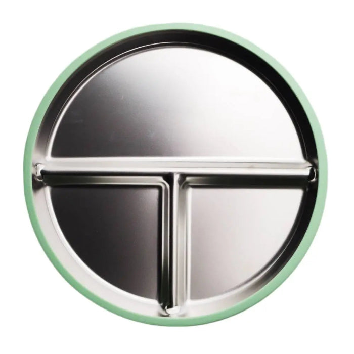 Nestling stainless steel divided suction plate with three sections and mint green silicone base, Adventure Awaits